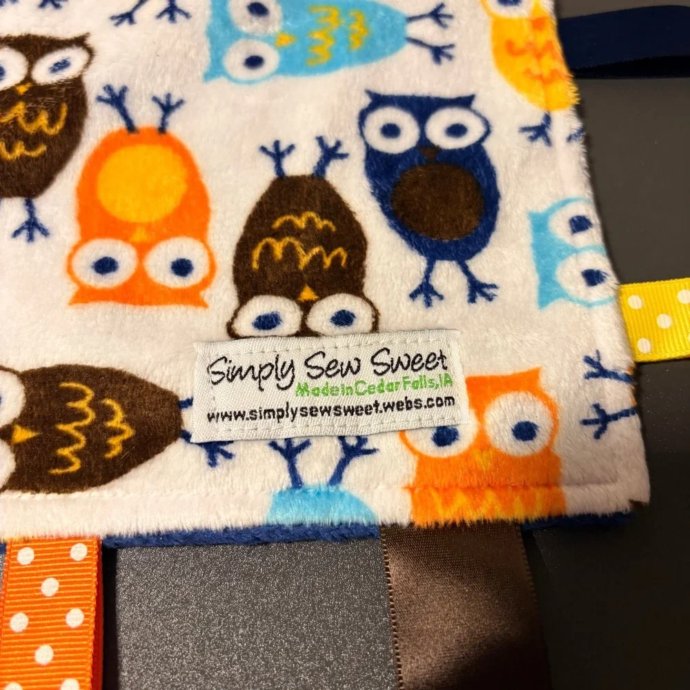 Simply Sew Sweet Security Blanket Kids OS Blue NWOT Owl Sensory Ribbon Lovey